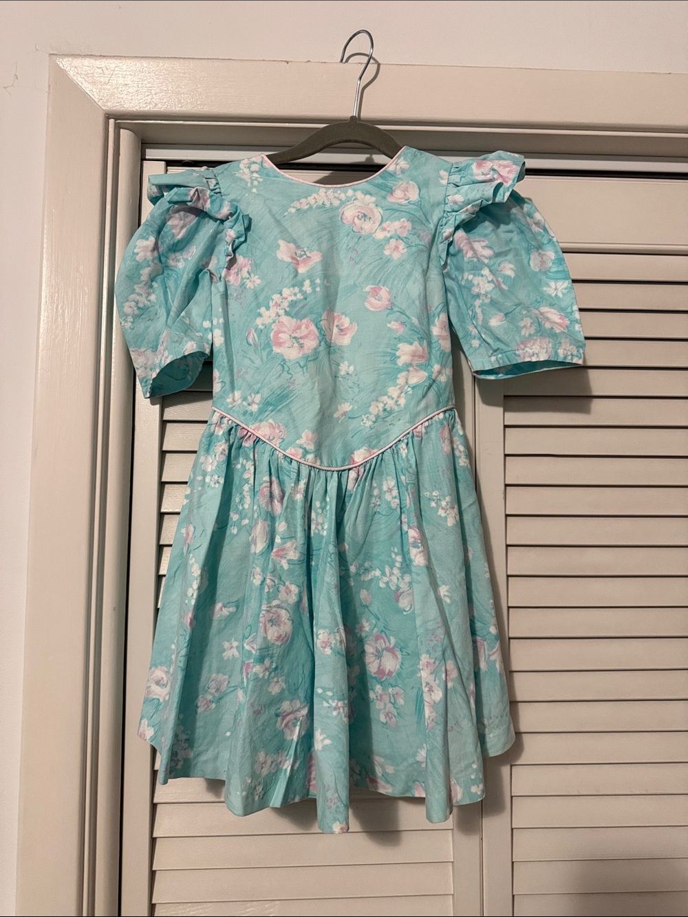 Vintage Girls' Aqua Floral Puff-Sleeve Dress